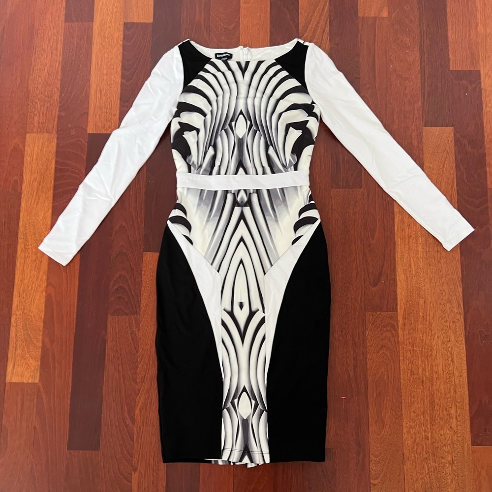 BEBE Black & White Striped Midi Dress
